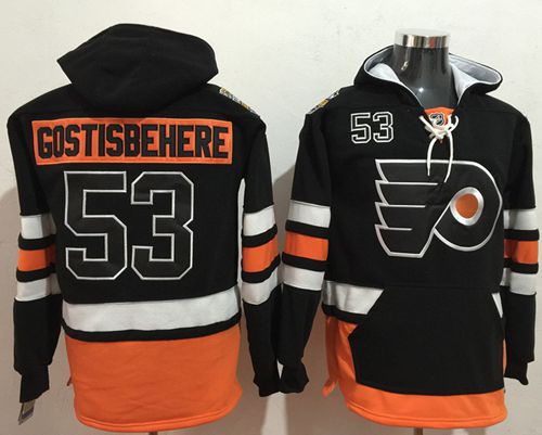 Flyers #53 Shayne Gostisbehere Black Name & Number Pullover NHL Hoodie - Click Image to Close